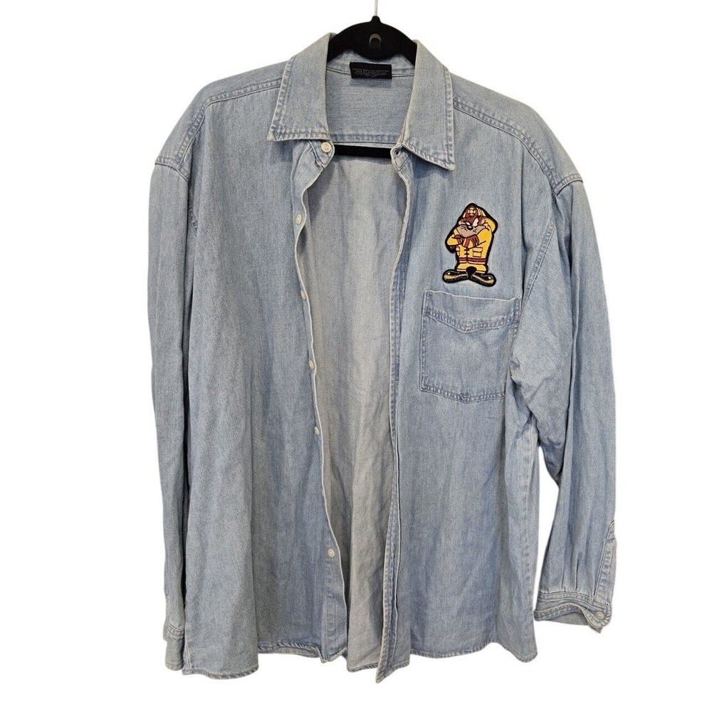 Vintage Y2K Garment Graphics Embroidered Fireman Taz Denim‎ Shirt Size XL